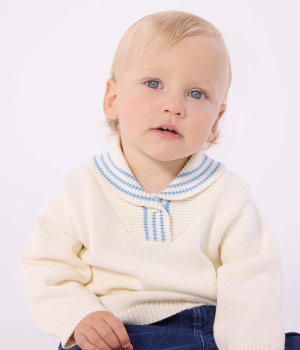 Preview: Petit Bateau Baby-Pullover mit Schalkragen gestreifter Baumwolle