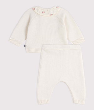 Preview: Petit Bateau 2-teiliges Baby-Set aus Wolle und Baumwolle mit geblümtem Rüschenkragen