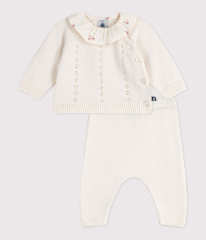 Petit Bateau 2-teiliges Baby-Set aus Wolle und Baumwolle mit geblümtem Rüschenkragen