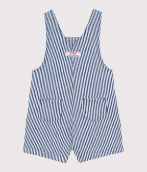 Preview: Petit Bateau Kurze Baby-Latzhose aus gestreiftem Serge CREPUSCULE/MARSHMALLOW