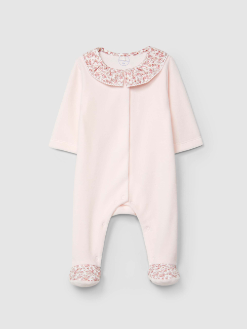 Laranjinha Samt Baby Strampler mit Blumendruck am Kragen