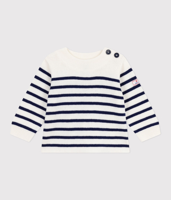 Petit Bateau Baby-Pullover im Marine-Look aus Wolle und Baumwolle mit Streifen