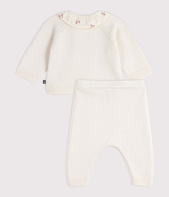 Petit Bateau 2-teiliges Baby-Set aus Wolle und Baumwolle mit geblümtem Rüschenkragen