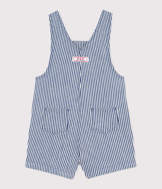 Petit Bateau Kurze Baby-Latzhose aus gestreiftem Serge CREPUSCULE/MARSHMALLOW